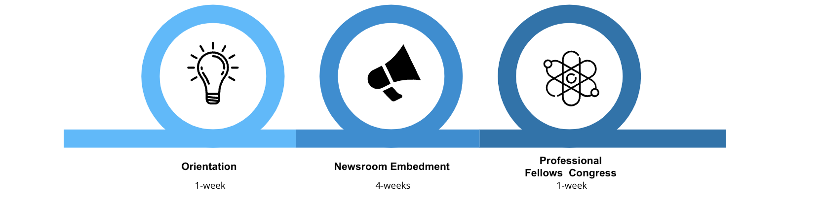 image reading: "orientation, 1-week. newsroom embedment, 4-weeks. professional fellow congress, 1-week." with graphics of a light bulb, bullhorn, and an atom 