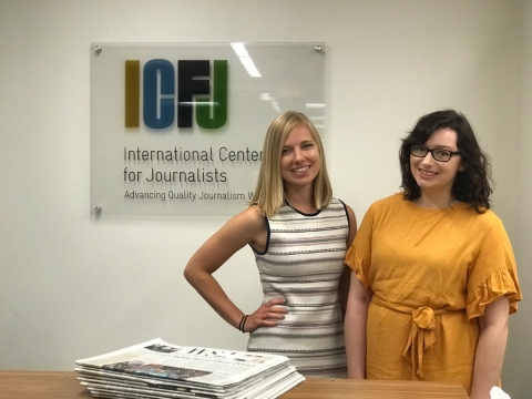 From left to Taylor Mulcahey, overseeing oversees IJNet’s English-language content, and Samantha Berkhead, IJNet’s manager.