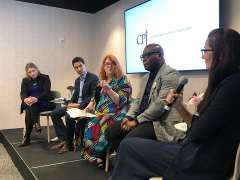 ICFJ's Julie Posetti moderates a panel on "lawfare" targeting journalists. Pictured from left to right: Caoilfhionn Gallagher, Jose Zamora, Julie Posetti, Rodney Sieh, Carolina Henriquez-Schmitz