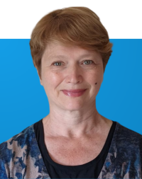 Portrait of Marina Chentsova Eckman on blue background