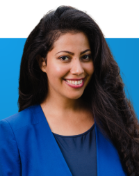 Portrait of Fadwa Kamal on blue background