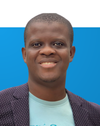 Portrait of Paul Adepoju on blue background