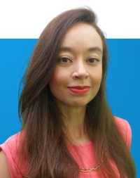 Portrait of Priscila Brito on blue background