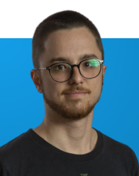 Portrait of Daniel Dieb on blue background