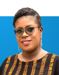 Portrait of Rosemary Olufemi on blue background