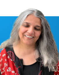 Portrait of Kavita Avasthi on a blue background