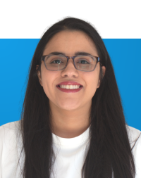 Portrait of Alejandra Espejo on a blue background