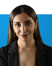 Portrait of Karina Moreno on blue background